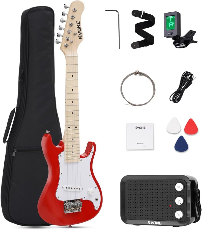 RVONE Kids Electric Guitar Beginner Kit 30 Inch, Mini ST Style Electric Guitar for Boys Girls with Amp 5W, Gig Bag, Tuner, Strap, Cable, Picks, Extra Strings, RST-70 Red - Image 1